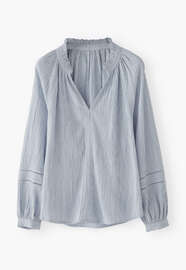 Bluse mit ger&uuml;schtem Ausschnitt, Chambray, webstill