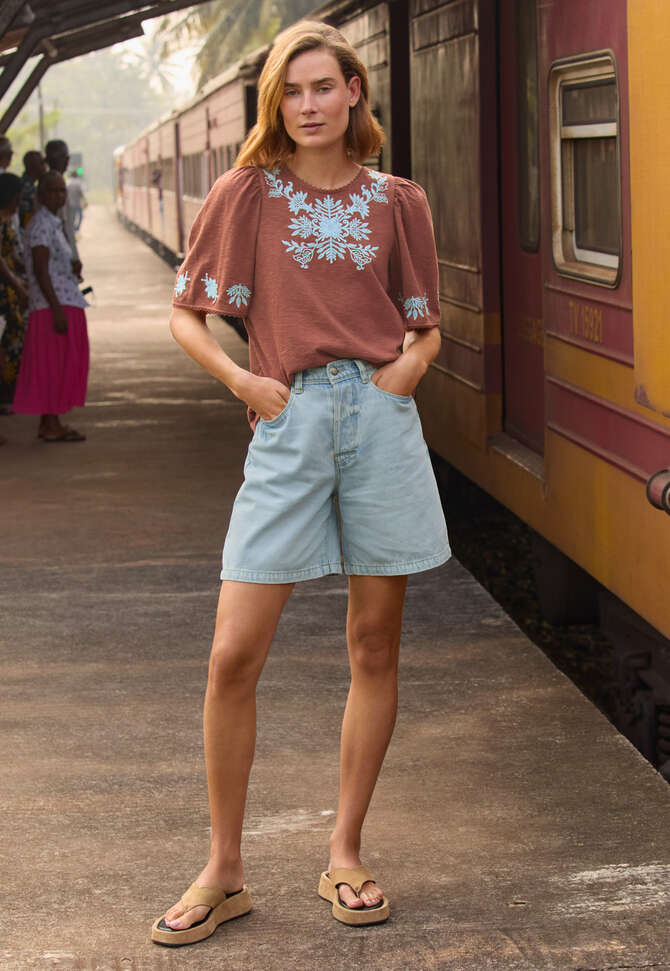 Jersey-Top mit R&uuml;schen&auml;rmeln, Beerenbraun, completeTheLook
