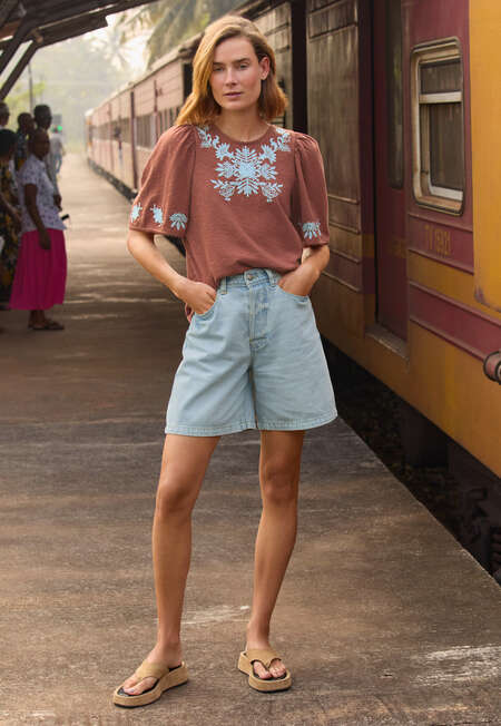Jersey-Top mit R&uuml;schen&auml;rmeln, Beerenbraun, completeTheLook