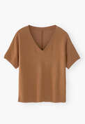 T-Shirt mit V-Ausschnitt, Tabak, webstill