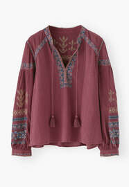 Bestickte Bluse, Tiefes Rosenholzrot, webstill