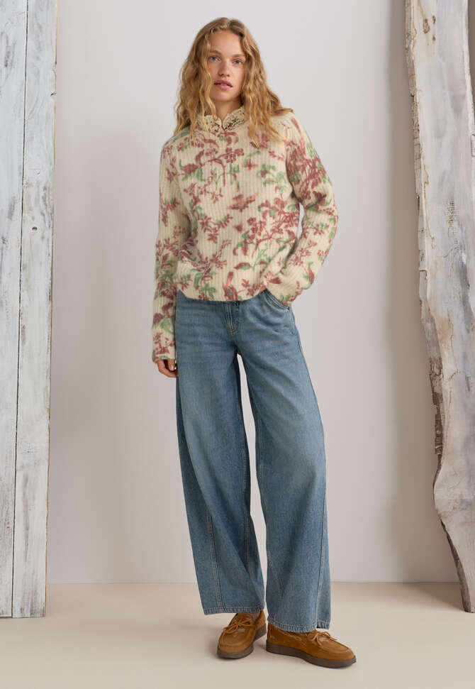 Pullover im Rippenstrick, Ecru/Burgunder, completeTheLook