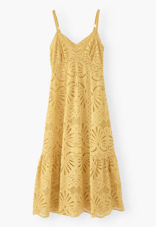 Broderie-Anglaise-Kleid, Warmes Gelb, webstill