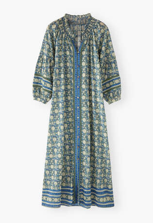 Bedrucktes Kleid mit Bord&uuml;re, Dunkles Salbei/Kobalt, webstill