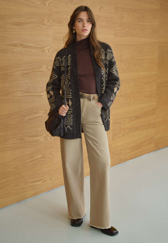 Langer Jacquard-Cardigan, Kohlschwarz/Sand, completeTheLook