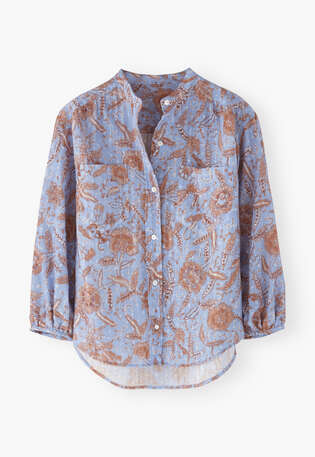 Bedruckte Bluse, Lavendelblau/Lohbraun, webstill