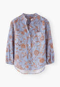 Bedruckte Bluse, Lavendelblau/Lohbraun, webstill